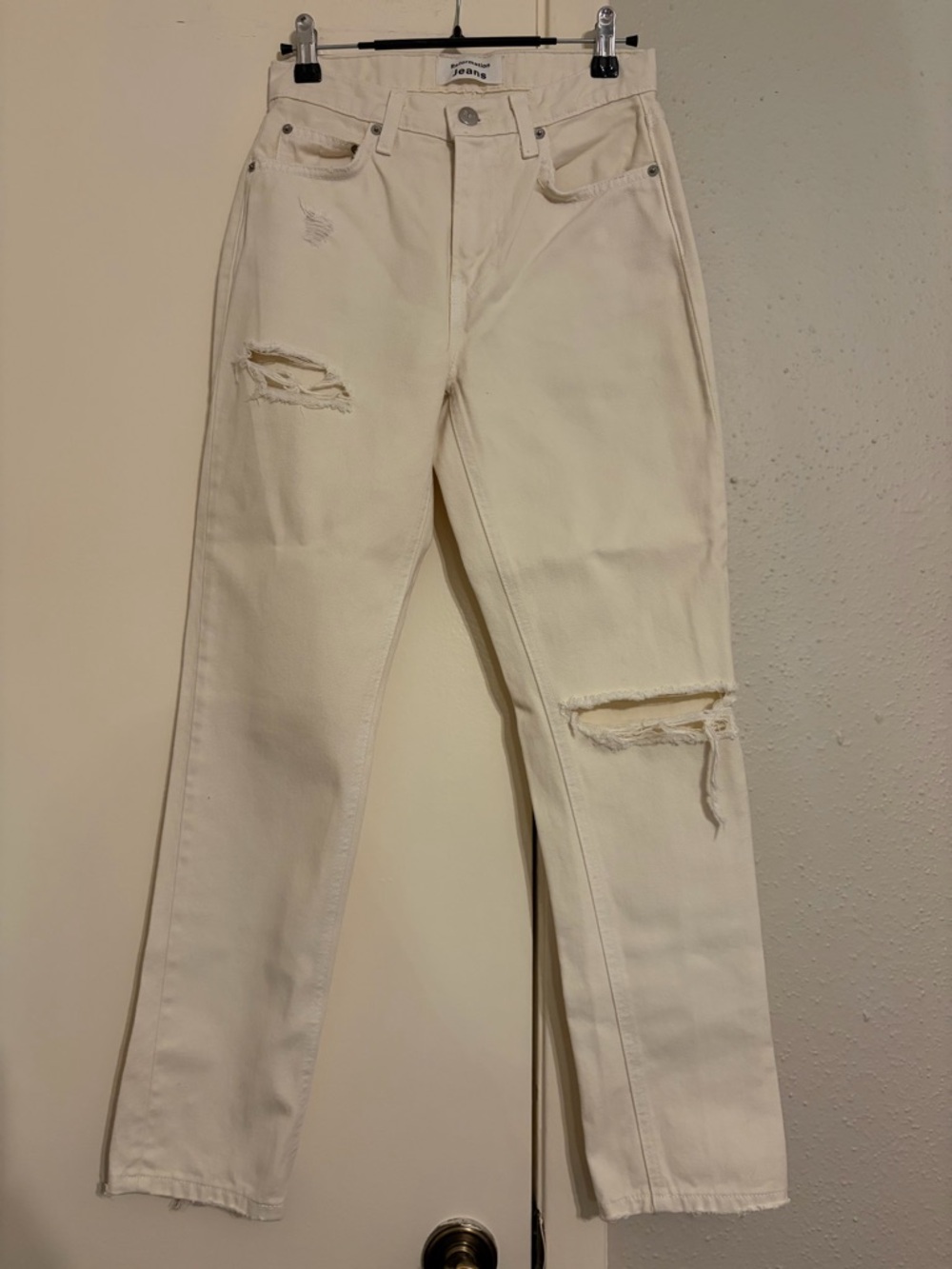 Reformation Cream Distressed Straight-Leg Jeans